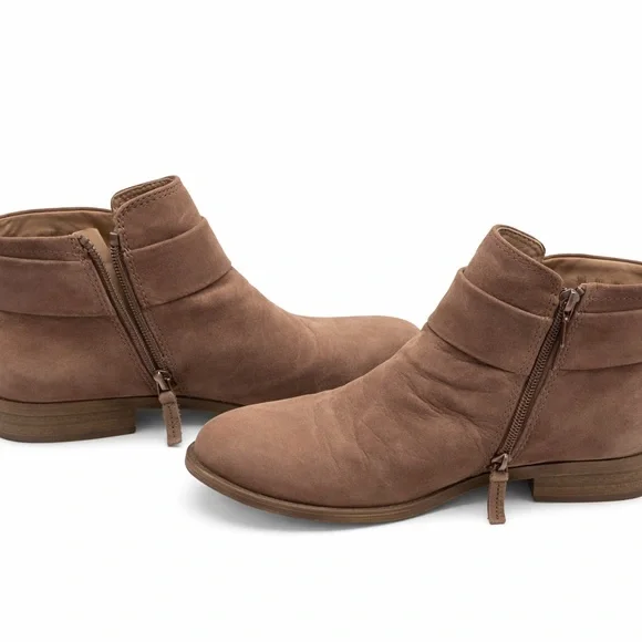 Franco Sarto Brown Leather Ankle Boots Womens 7M Buckle Zip Low Heel Booties - Picture 2 of 5